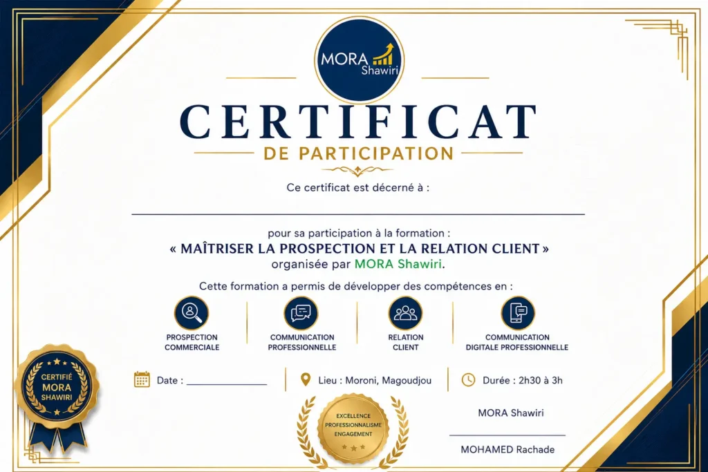Certificat de formation Maîtriser la Prospection et la Relation Client - MORA Shawiri